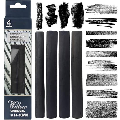 Willow Charcoal Sticks, 14-16MM Jumbo Willow Charcoal Pencils for Artists, Beginners, Students, 4 Pcs Natural Charcoal Stick for Sketching, Drawing, and Shading - style: 14-16MM | 4 Sticks
