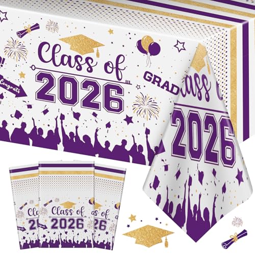 Graduation Decorations Class of 2026 Tablecloth - 3 Pcs Plastic Congrats Grad Table Cloth, Graduation Table Cover for Graduations Party Decorations 2026 and Party Supplies, 54"x108" (Purple and Gold) - color: Purple and Gold