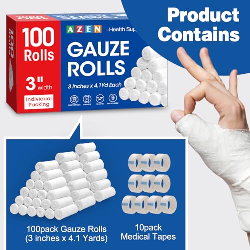 AZEN 100 Pack Gauze Rolls Bandages, 3 in x 4.1 Yards, First Aid Supplies & Premium Medical Supplies, Bandage Wrap Vet Wrap - color: 100p, size: 3IN
