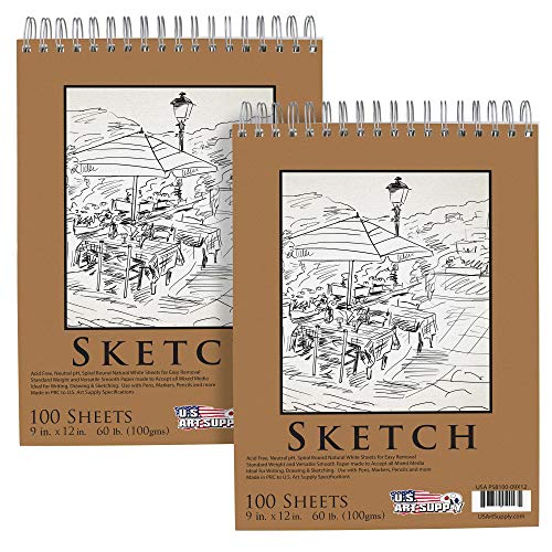 U.S. Art Supply 9"x12" Top Spiral Bound Sketch Book, 2 Pack, 100 Sheets Each, 60lb (100gsm), Acid-Free, Artist Sketchbook, Drawing Pad for Adults & Students - size: 9-x-12-inch