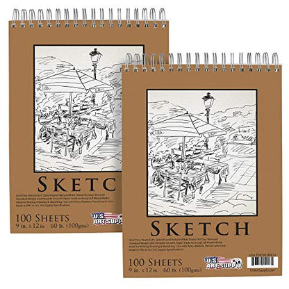 U.S. Art Supply 9"x12" Top Spiral Bound Sketch Book, 100 Sheets Each 2-Pack - size: 9-x-12-inch