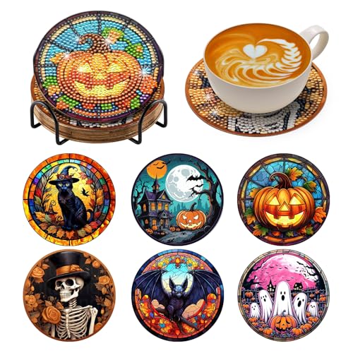 Zynlio Halloween Diamond Paintings Coasters Kits Set with Holder, Halloween Diamond Art, DIY Diamond Crafts Coasters for Adults, Diamond Art Painting Kits for Women, Beginners, Diamond Craft Supplies - color: halloween