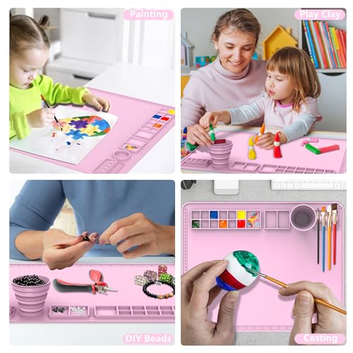 IYYI Silicone Painting Mat, Paint Mat with Cup and Palette, 20"X16" Siliocne Pad for Crafts, Resin, Clay, Kids Art Pad with Raised Edge (Pink) - color: Pink