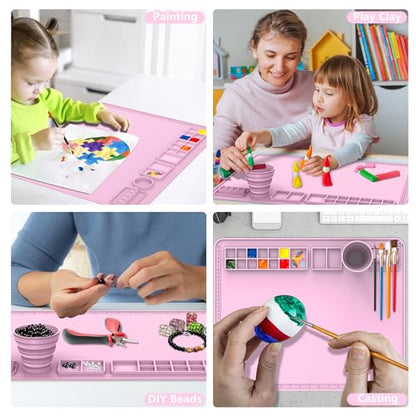 IYYI Silicone Painting Mat, Paint Mat with Cup and Palette, 20"X16" Siliocne Pad for Crafts, Resin, Clay, Kids Art Pad with Raised Edge (Pink) - color: Pink