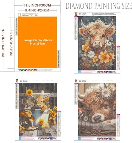 Axquilon 3 Pack Highland Cow Diamond Art Kits for Adults 12x16inch | Diamond Painting Kits for Adults, 5D Round Full Drill Cow Gem Art, Paint by Diamonds Pictures DIY Crafts Kits - color: 3 Pack Highland Cow