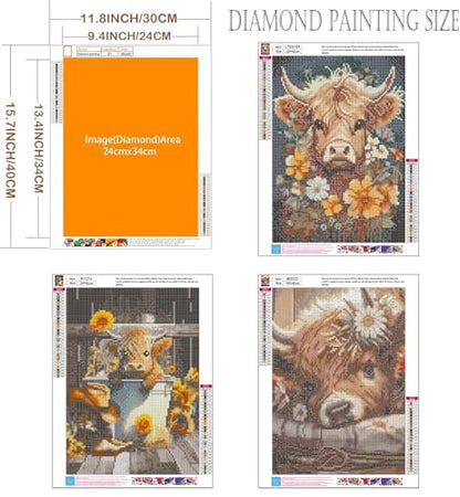 Axquilon 3 Pack Highland Cow Diamond Art Kits for Adults 12x16inch | Diamond Painting Kits for Adults, 5D Round Full Drill Cow Gem Art, Paint by Diamonds Pictures DIY Crafts Kits - color: 3 Pack Highland Cow