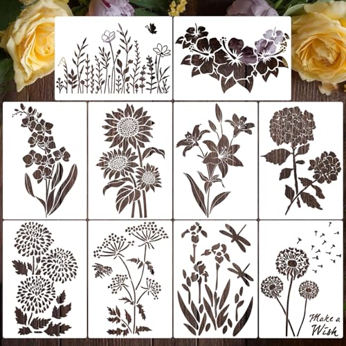 Large Flower Stencil 14inch Flower Stencils for Painting Floral Stencils | Reusable Sunflower Hibiscus Stencil Drawing Templates for Wood Garden Fence Furniture Fabrics DIY Decor - style: Flowers