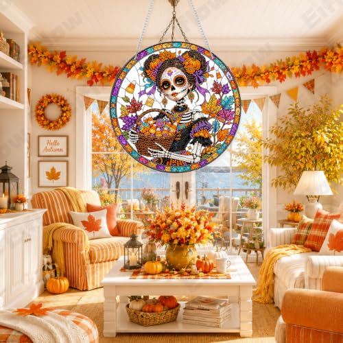 Eiflow Acrylic Diamond Art Hanging Kit for Adults Halloween Skull, DIY Diamonds Painting Door Hanger Board Kit, Special Crystal Diamond Art Painting Pendant Ornament - color: Skull Girl