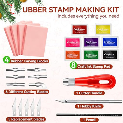 WAYCOM 18Pcs Linoleum Blocks for Printmaking: Linocut kit with Tools & Ink - 4x6 Rubber Carving Blocks - Art Craft Supplies for Beginners & Hobbyists - Gifts for Christmas/Birthday/Art Enthusiast - color: Pink-4 Carving Blocks
