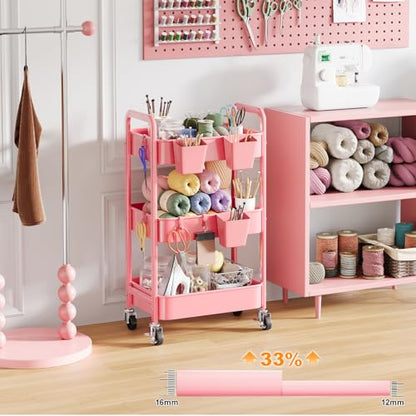 3 Tier Rolling Cart with Wheels, Metal Utility Storage Cart on Wheels, Craft Carts Organizer with Hanging Cups, Hooks, Three Tiered Rolling Carts for Bathroom, Laundry Room, Nursery, Office, Pink - color: Pink