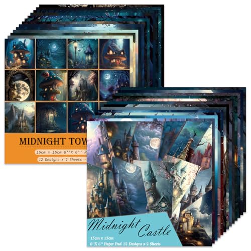 6x6" Scrapbooking Paper Pad Single Sided Decorative Colored Papers | 160GSM 24 Patterned 48 Sheets Cardstock,Art Paper for Craft Paper Present Wrapping DIY Junk Journal Supplies.Midn-Town Castle - color: 2PcsSet-Midnight Townlet Castle