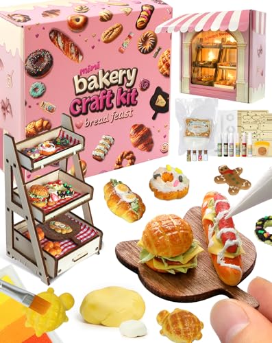 iLAND Air Dry Clay Bakery Crafts Kits for Kids Girls 8-12, Birthday Gifts | CPC-Safe 40+ pcs for DIY Bread & Shop Role-Play, Builds Motor & Social Skills, Starter Guide, Gift Box & Ribbons, 1:12 Scale - style: Royal Clay Bakery w/ Light String