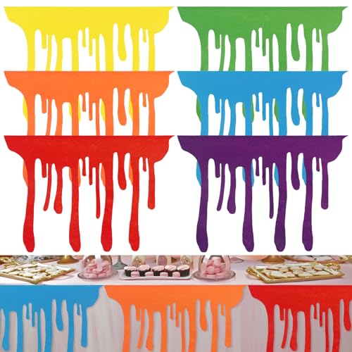 6 Pcs Art Party Table Skirt for Back to School Classroom Paint Party Decor 40 x 28 Inch Rainbow Paint Splatter DIY Back to School with Double Sided Tape for Cartoon Happy Birthday Supplies