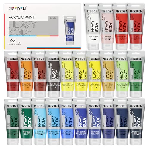 MEEDEN Heavy Body Acrylic Paint: Satin Finish 24 x 60ml (2 oz) Tubes Set | Basic Paint Color Set for Adults, Rich Pigment Art Craft Paints for Canvas Clay Wood Painting - color: 24 Colors, size: Set