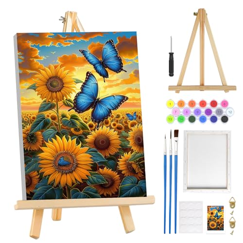 MOGTAA Sunflowers Paint by Numbers Kit for Adults Beginners with Frame, Butterfly Adult Paint by Number Kits on Canvas with Easel, Easy DIY Oil Painting Kits for Home Decor, 8x12in - color: Sunflowers