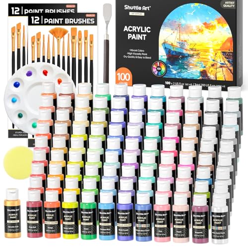 Shuttle Art 100 Colors Acrylic Paint, 2oz/60ml Bottles, Include 2 Sets of 12 Paint Brushes, 1 Art Sponge & Palette, Premium for Artists, Beginners & Kids on Canvas Rocks Wood Ceramic - color: Regular, size: 2 Fl Oz (Pack of 100)