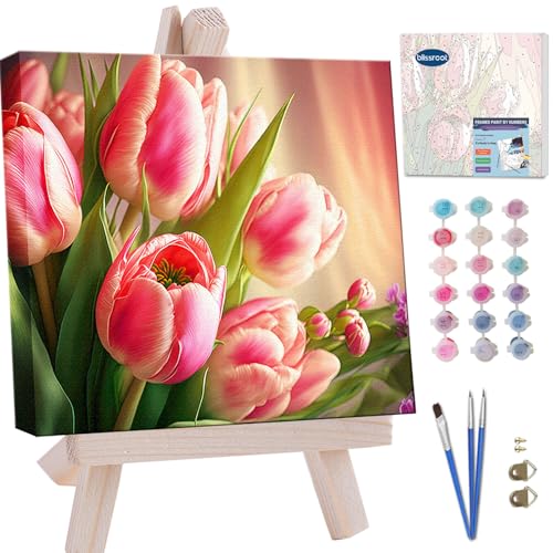 Blissroot Framed Paint by Numbers Kit for Adults Beginner&Kids Ages 8-12,10x10inch Flowers Tulip Paint by Numbers with Frame, Small Tulips Paint by Number Framed Canvas (Without Easel) - color: BR001F1, size: 10"x10"