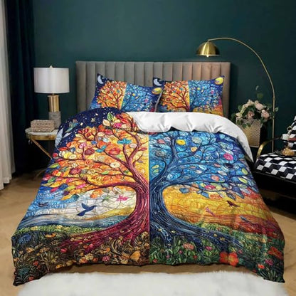 AILONEN Blue Gold Tree of Life Duvet Cover Set Full,Sun and Moon Boho Bedding Set,3 Pieces Plant Tree Quilt Cover with 2 Pillowcases - color: S-tree of Life29, size: Full