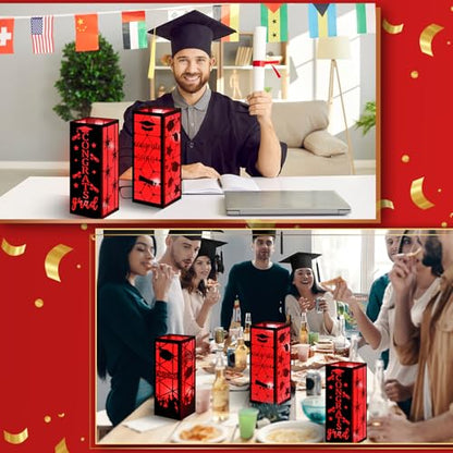 Feifeiya 4 Pcs 2026 Graduation Table Centerpieces Boxes Class of 2026 Graduation Table Lanterns with LED String Lights for Congrats Grad School College Party Supplies, 10.63 x 3.94 Inches(Red) - color: Red