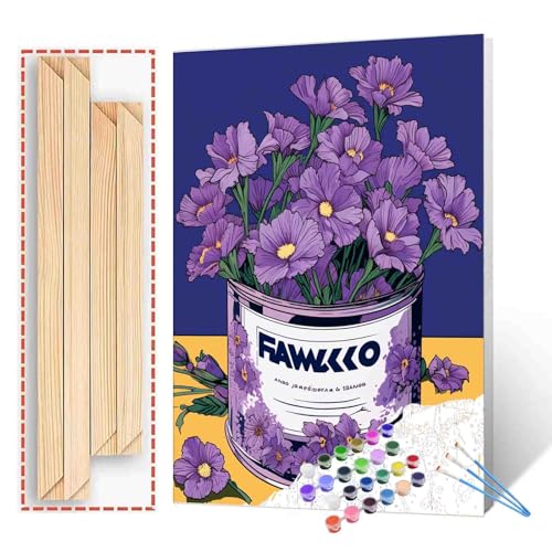Tucocoo Purple Flowers in a Purple Tin DIY Paint by Numbers for Adults Bright Purple Floral DIY Oil Painting Acrylic Paint Art Colorful Painting Kit Canvas with Acrylic Paints 16x20 Inch（DIY Frame ） - color: Floral in Tin 07, size: 16''x20''(DIY Frame)