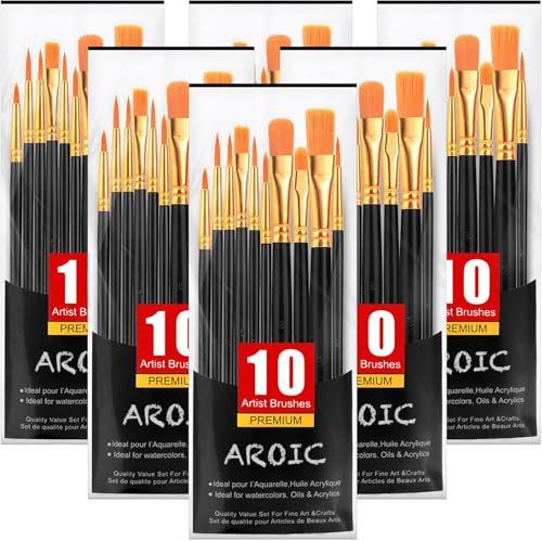 AROIC Acrylic Paint Brushes, 6 Packs / 60 pcs Nylon Hair Paint Brush Set | All Purpose Oil Watercolor Painting Artist Professional Kits (Black) - size: 60pcs-black