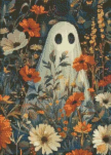 Eiazuiks Halloween Stamping Cross Stitch Kit, Ghost and Flowers Halloween Counting Cross Stitch Kit for Adult Beginners, Full Line DIY Stitching Kit for Home Decor Cross Stitch Patterns 12x16 inches - color: Ghost and Flowers
