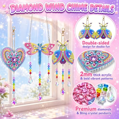 Diamond Art for Kids 8-12, 3 PCS Diamond Art Painting Sun Catcher for Girls - color: Yellow, Blue and Pink