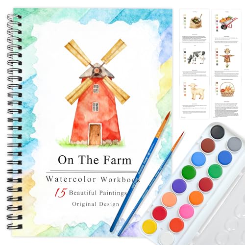 Watercolor Workbooks Coloring Book, Beginner Friendly Painting Kit, Detailed Steps, Creative Exploration Watercolor Book with Paint Set for Adults Teens (Farm, With paint) - color: Farm, size: With paint