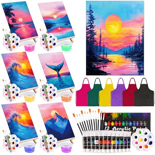 Cholemy 6 Set Paint and Sip Kit for Adults 8"x 10" Pre Drawn Canvas Painting with Wooden Easel Acrylic Paint Wash Cup Brushes Palette Apron for Painting DIY Adult's Date Party Supplies(Sunset Glow) - style: Sunset Glow