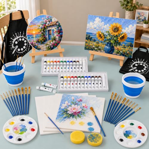 60-Piece Painting Kit with Easels and Canvas for Adults and Couples