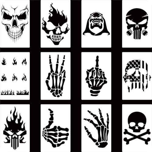 YKW Skull Stencils, 12Pcs Reusable Skeleton Hand Painting Templates, for Wood Walls Chalkboards Rocks DIY Art Projects,Ideal for Crafters, Artists, and Designers - style: Human Skeleton