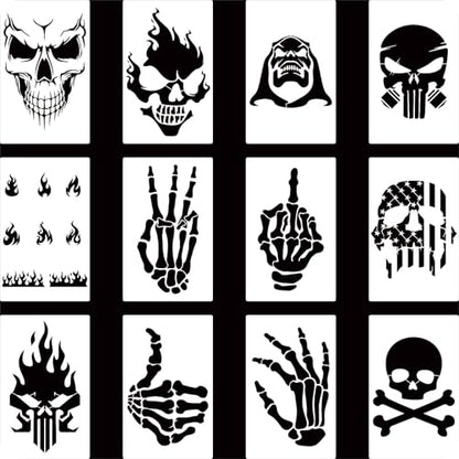 YKW Skull Stencils, 12Pcs Reusable Skeleton Hand Painting Templates, for Wood Walls Chalkboards Rocks DIY Art Projects,Ideal for Crafters, Artists, and Designers - style: Human Skeleton