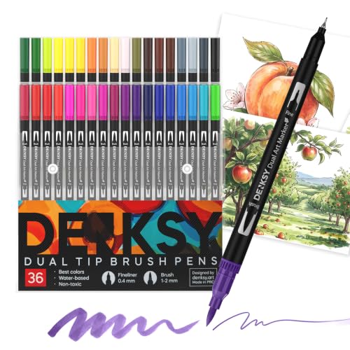 36 Watercolor Markers Set | Water Color Pens with Brush & Fineliner, Water-Based Art Markers | Dual Tip Markers for Adult Coloring, Lettering, Calligraphy, Sketching, Journaling & Illustration - color: Black