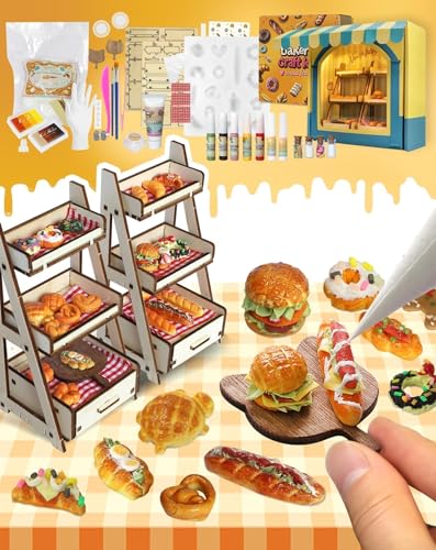 iLAND Air Dry Clay Teen Crafts DIY Bakery Food Kit for Girls Birthday Gifts | 40+ pcs with display shelves, DIY mini bakery, inspires creativity & family fun, stress-free activity, 1:12 scale, gift ready - style: Clay Bakery w/ Spotlights