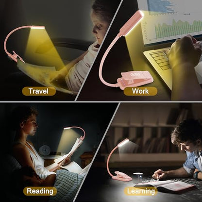 Gritin 9 LED Rechargeable Book Light for Reading in Bed | Eye Caring 3 Color Temps,Stepless Dimming Brightness,80 Hrs Runtime Small Lightweight Clip On Book Reading Light-Pink - color: Pink