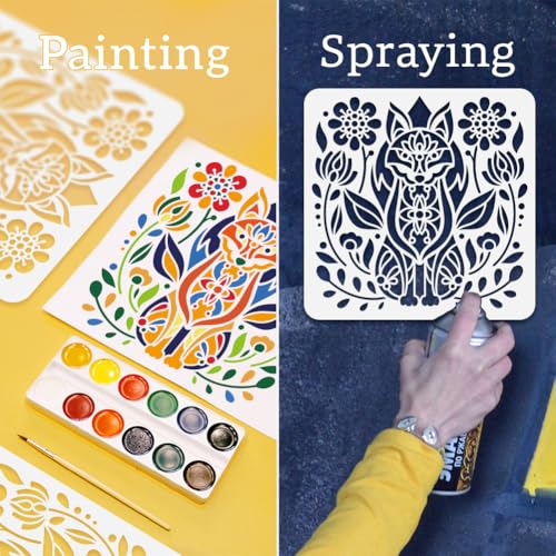 4Pcs Folk Flower Stencils, Floral Reusable Painting Templates - style: Folk Art Flowers