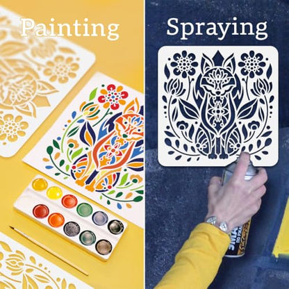 4Pcs Folk Flower Stencils, Floral Reusable Painting Templates - style: Folk Art Flowers