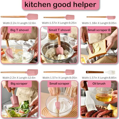 7 Piece Silicone Spatula Set, Food Grade Rubber Spatula Set with Wooden Handle, Heat Resistant Up to 600°F, Silicone Utensils Set for Baking, Cooking & Mixing, Jar, Non-Stick Kitchen Utensils(Pink) - color: Pink