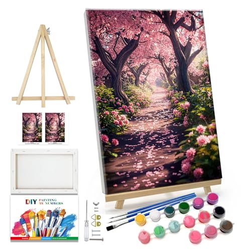 JOOZ Paint by Numbers Kit for Adults Landscape Paint by Number with Frame DIY Cherry Blossom Paint by Number with Easel Flowers Paint by Numbers Kit on Canvas for Gift Home Wall Decor 7.87x11.81 Inch - color: Cherry Blossom