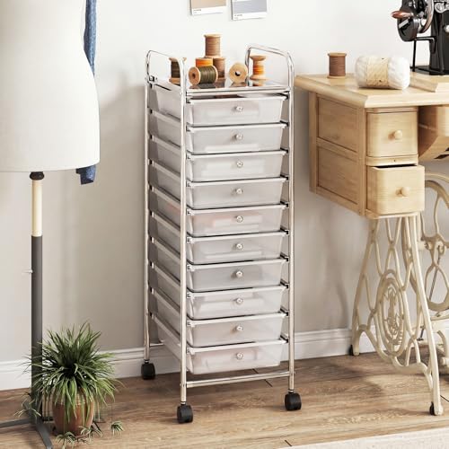 RELAX4LIFE 10-Drawer Rolling Storage Cart, Utility Cart | 38"H Metal Frame, Lockable Wheels & Removable Drawers, Multipurpose Art Craft Organizer for Home Office Classroom (Clear) - color: Clear, size: 38''H
