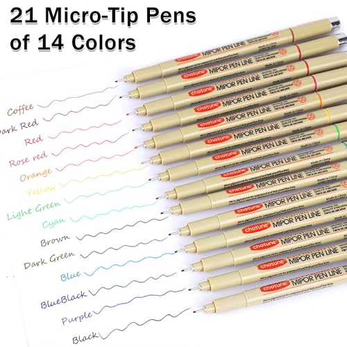 21-Pack Micro Pens Set - 14 Waterproof Archival Ink Colors in 0.45MM Felt Tip & 7 Blacks in 0.2-0.5MM Fineliner Ink Pens For Journaling, Illustrating,Artists,Sketching,Anime,Technical, Drawing Pens