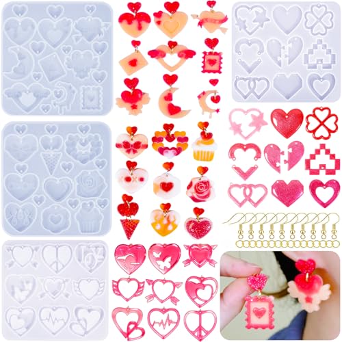 4 Pack Heart Resin Earring Molds Love Heart Flower Shape Earring Silicone Molds for Mother's Day Epoxy Casting UV Resin Molds with 200 Earring Hook kit for DIY Crafts Jewelry Making Keychains Pendant - color: Clear-heart shape