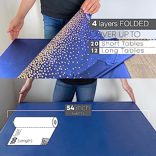 Neatiffy Disposable Plastic Table Cloth Roll with Slide Cutter | Waterproof Cover for Rectangle, Square, Oval Tables | Picnic, Party, Banquet, Birthdays, Weddings - Blue with Gold Dots - color: Blue Gold Dots, size: 54 inches X 100 feet
