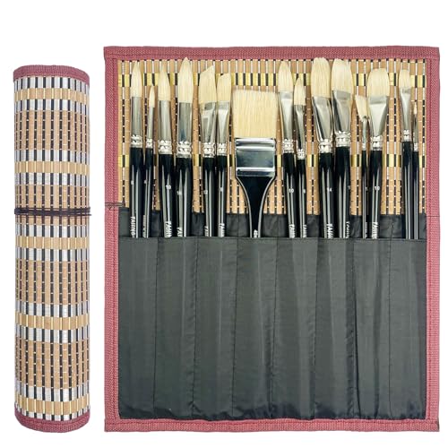 Falling in Art 15 Pcs Professional Oil Paint Brush Set, Natural Hog Bristle - color: Black