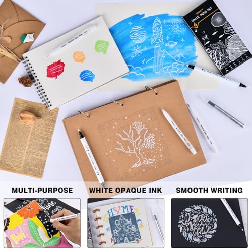 HNIHUY White Ink Pens, White Gel Pens, Brush Tip Acrylic Markers | Dual-Tip Opaque White Paint Pens for Black Paper Drawing, Sketching, Illustration, Card Making, 6 Pack