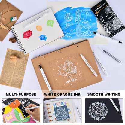HNIHUY White Ink Pens, White Gel Pens, Brush Tip Acrylic Markers | Dual-Tip Opaque White Paint Pens for Black Paper Drawing, Sketching, Illustration, Card Making, 6 Pack