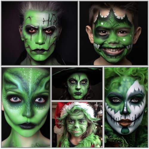 White Black Green Face Body Paint with Painting Brushes Halloween Makeup Set, Water Based Facepaint for Kids Adults Party for Witch Shrek Alien Grinch Hulk Costume Cosplay Special Effects Make Up - color: Black+White+Green+3Pcs Brushes