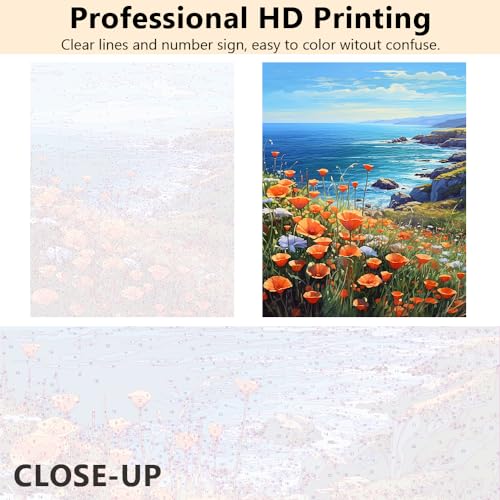 TUMOVO Sea Landscape Paint by Numbers Adult Canvas Kit Poppies Ocean | flowers sea view art on 16x20 inch unframed canvas with paints and brushes, proudly display your creation as wall decor. - color: Landscape