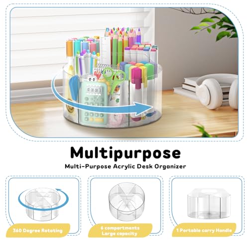 SUPEASY Acrylic Rotating Pencil Holder, 360° Clear Pen & Marker Organizer | Crayon Art Supply Organizer with 6 Compartments and Carry Handle for Desk, Home, Office, Classroom