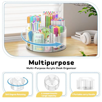 SUPEASY Acrylic Rotating Pencil Holder, 360° Clear Pen & Marker Organizer | Crayon Art Supply Organizer with 6 Compartments and Carry Handle for Desk, Home, Office, Classroom